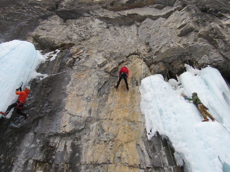 Red climber at the top of Politically Incorrect, Orange on the ice portion of Mental Jewelry, Green on Hers.