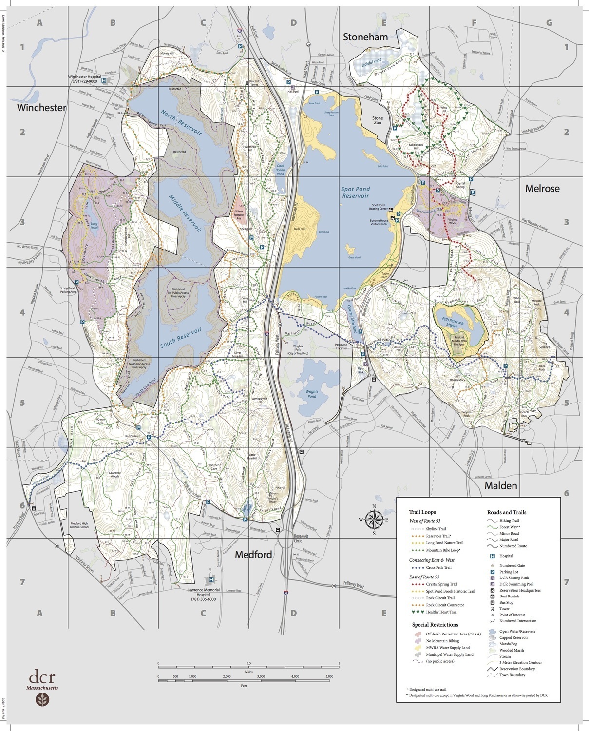 Mass DCR map of the Middlesex Fells showing trails and topography.