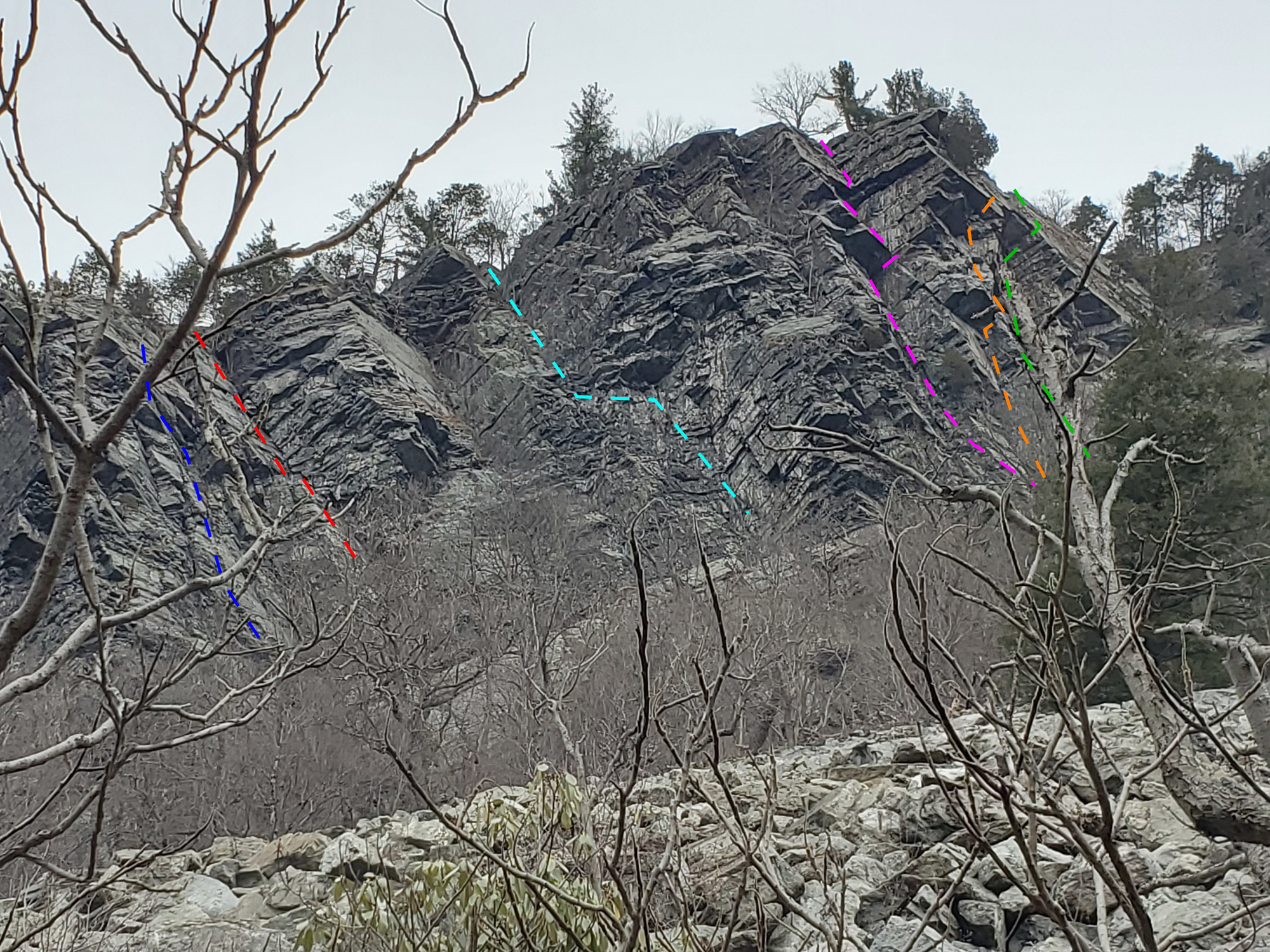 Mt. Tammany roughly showing a few landmark routes Just out of frame to
