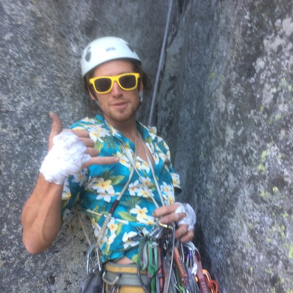 Holland Deyo just before starting up the crux chimney pitch (8 or 9) on the first ascent.