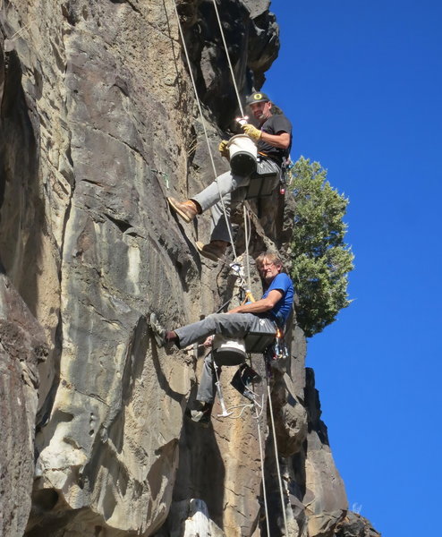 Chris Barnes and Mike Engle drilling a new route at Teddy Bear Cove in 2016