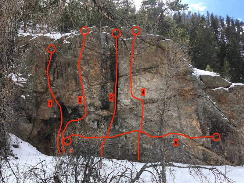 1) A-Frame Roof, 11d (5 bolts).
<br>
2) Tan Panel, 11c (6 bolts).
<br>
3) Bisecting Fist Crack, 10b (gear).
<br>
4) White Panel, 11c (6 bolts).
<br>
5) Bouldering Traverse, V2.