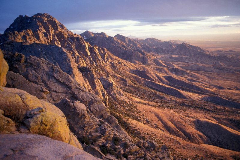 View of Organ Needle looking south at sunset. Baldy Peak in the far distance, left-center.