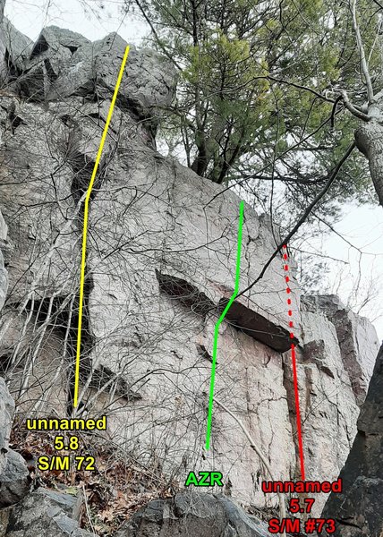 AZR and unnamed routes just right (NE) of the Lost Face Wall proper. I've found no other pictures of these routes, just descriptions in the guide books. Someone let me know if my lines need to be adjusted.