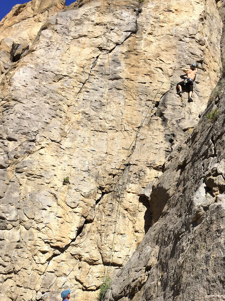Tom Grundy moving into the crux hanging arete/crack of Dusk 'til Dawn. Pump it up.