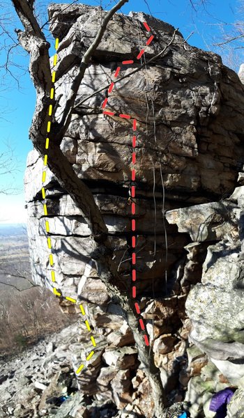 East face of the Tower of Babylon with No Surrender, No Retreat (yellow) visible on the left, and The Exercise of Vital Powers (red) on the right.