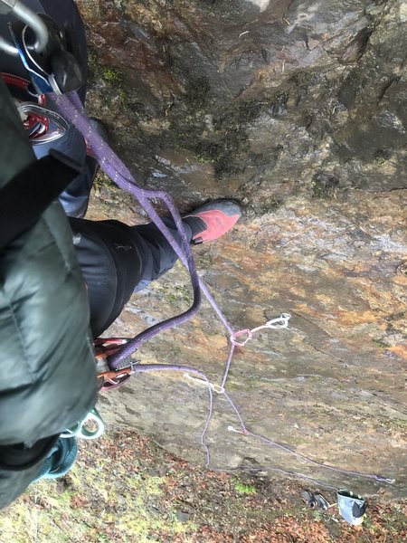 Rope soloing the first ascent in the rain