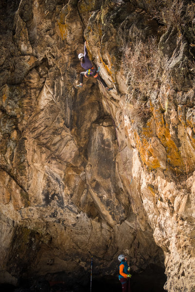Stephanie on the wild, overhanging face and corner of "Cosmic Thing" - February 2020.