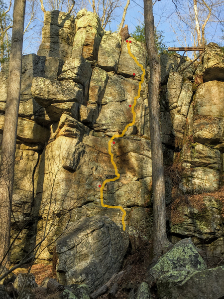 Route in yellow. Bolts in red.
