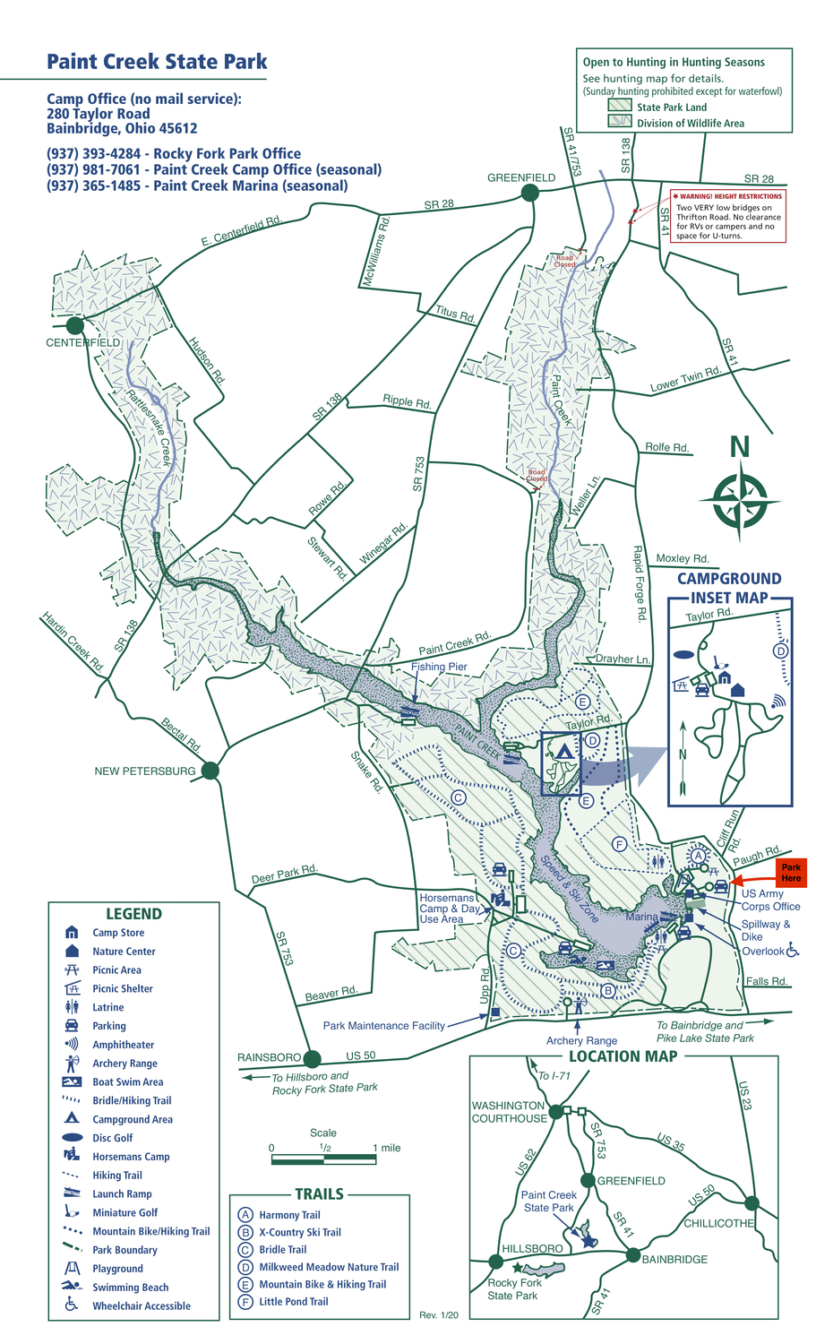 Paint Creek SP map. Climbing area is along the Harmony