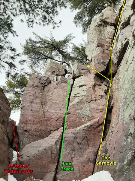 The back wall (NW) of the Box Canyon.
<br>
Note: the guide books give you a choice to either bail left from The Gargoyle to Balanced Rock (the rock, not the wall) or continue up.
