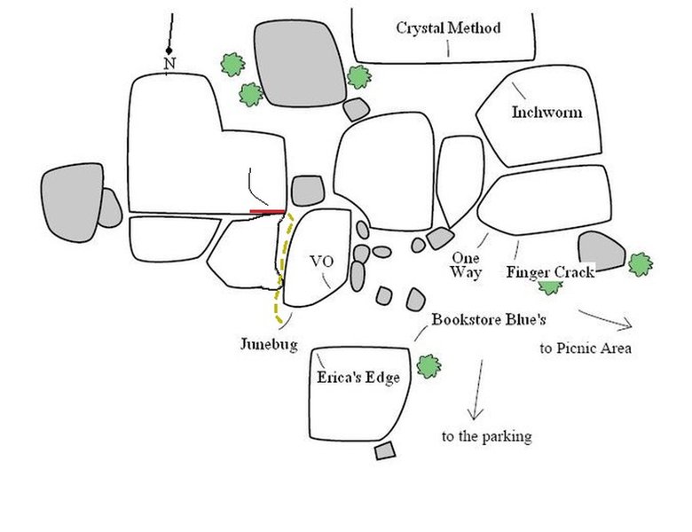 Squeeze through the cave to the left of Junebug and climb the crack in the left wall of the canyon