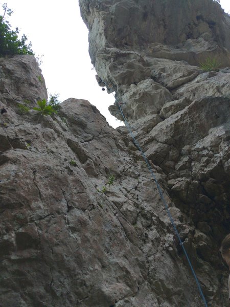 The start to Barlovento. Follow easy climbing up and around the opposite side of the arete. The first bolt can easily (safely) be skipped to reduce drag.