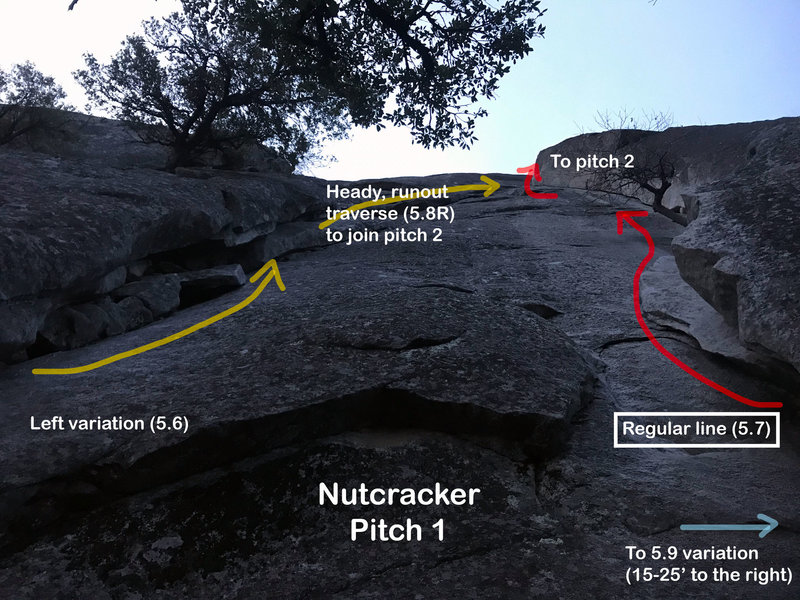 The right facing dihedral (yellow) is NOT the regular pitch 1! The regular p1 is the LEFT facing dihedral (red). Lots of bailing gear on the left variation. Don't make same mistake I did. The 5.9 finger crack variation starts ~25' to the right of the red.