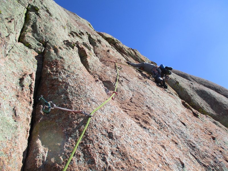 The start of pitch 2 if you do the route as 2 pitches (instead of 3).