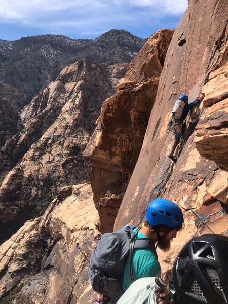 Leading out on exciting face moves to reach the sweet corner crack on P5. The crack offers great protection (.5-1's) and has plenty of face holds on either side to make solid crack climbing skills a non necessity on this route.