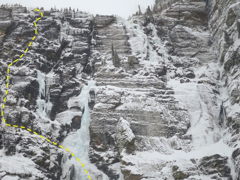 Road Warrior is the in the middle.  Raggedy Man cuts left at the base of the steep pillar (marked in yellow approximate route).