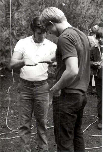 Galen Rowell (left) and Peter Haan (right) compare hand sizes. Indian Rock, 1971 photo credit: Darwin Alonso