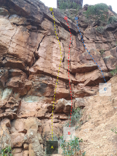A- Uniendo fuerzas 5.10b
<br>
B- Elcatre 5.10a
<br>
C- El precalentado 5.8