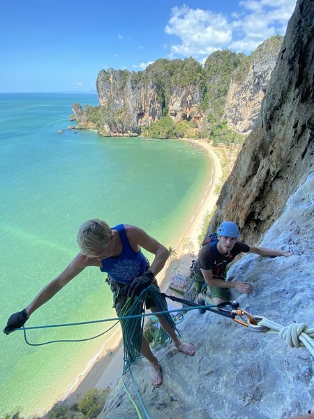 Gordon belaying Brett up to the top of the 4th pitch on a spectacular day of climbing at Tonsai.  Photo by Chris Andrew. 2/2020