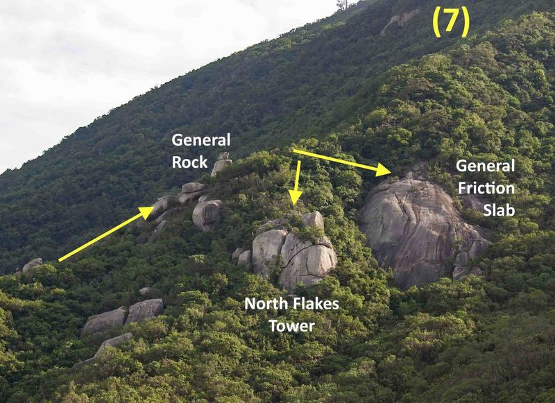 Access trails to General Rock, the top of General Friction Slab and North Flakes Tower (the descent trail to the base of both crags)