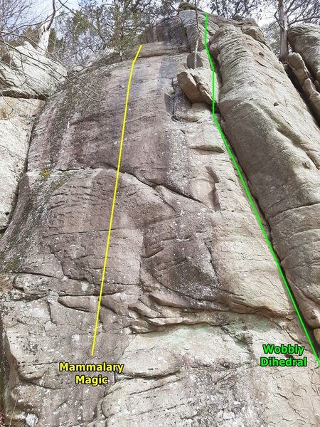 Mammalary Magic, and Wobbly Dihedral. The first climbs on the left (West) end of Old Sandstone.