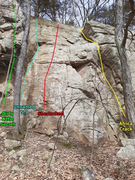 Dirty Little Secret to Africa Crack. Climbs in this area and to the right start to get shorter and the belay areas more overgrown.
<br>
<br>
The unnamed 5.9 is S/M #22 and Knower #26.