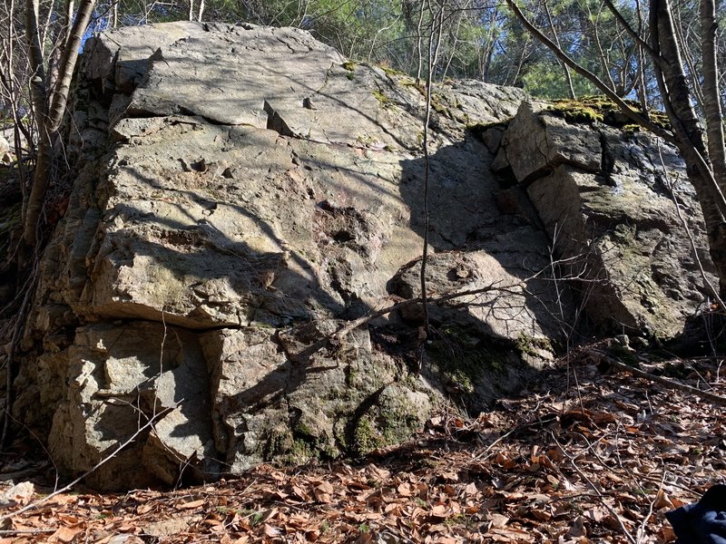 Find this rock face by walking straight through a few trees when you go left at the fork, disregard path. Some very crumbly rock on the left side.
