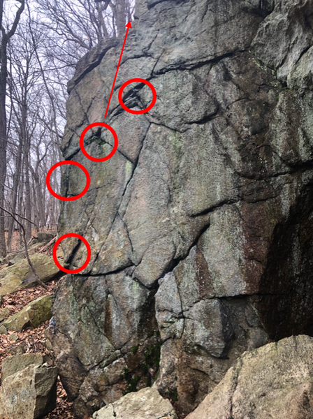 follow the red circles for hand holds, start on the far left with a sit start.