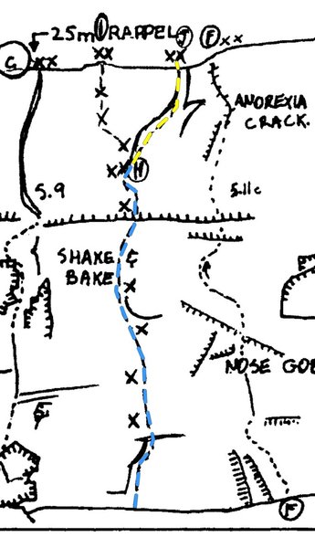 Dashed Dreams topo (J)<br>
Yellow line is the actual route, optional to link up Dreamer (blue line) sport climbing-trad climbing.
