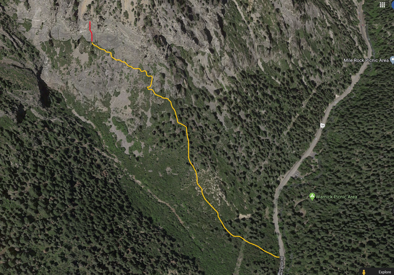 This is roughly the approach path (yellow) and location of route (red). Post if you find a better way or more details.