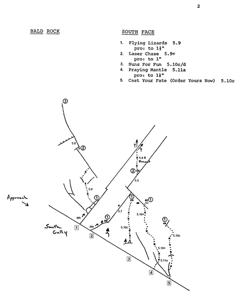 Bald Rock Dome - Flying Lizards, Laser Chase, Nuns for Fun, Praying Mantle, Cast your Fate - topo from 1985 Stahl guide