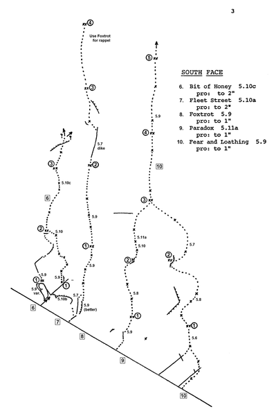 Bald Rock Dome - Bit of Honey, Fleet Street, Foxtrot, Paradox, Fear and Loathing - topo from 1985 Stahl guide