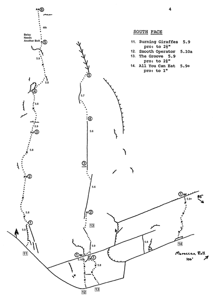 Bald Rock Dome - Burning Giraffes, Smooth Operator, The Groove, All You Can Eat - topo from 1985 Stahl guide