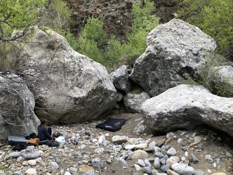 The "main" area. Fetauring the Perplexity boulder (left) and Obligatory boulder (right)