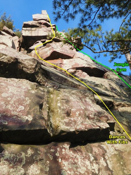 Jungle Gym and Dances With Fibs.
<br>
<br>
The starts of these climbs are farther down, but ya can't get a decent pic from down there with all the pine trees.