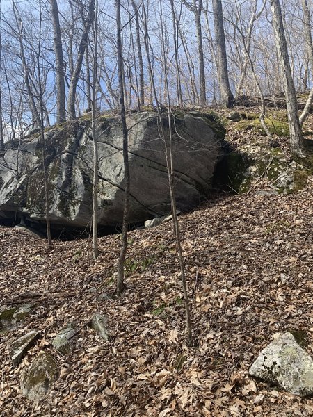This is a boulder I found while hiking the yellow trail within the pleasant valley preserve in between the blue and red Jewett trails. If you're hiking from the blue to the red trails (kind of north), it will be on your left. Visible from the trail.