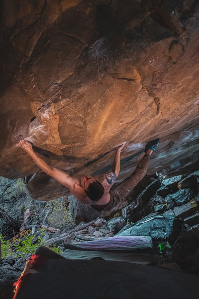 A redpoint crux photo from Noah Mobley.