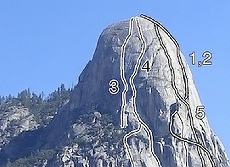 Tehipite Dome - SW Face. 3. Too Hip 4. In the Niche of Time 1,2. Beckey, Kroger, Wall of Ages
<br>
cropped from the AAJ photo overlay by Jay Wilkerson