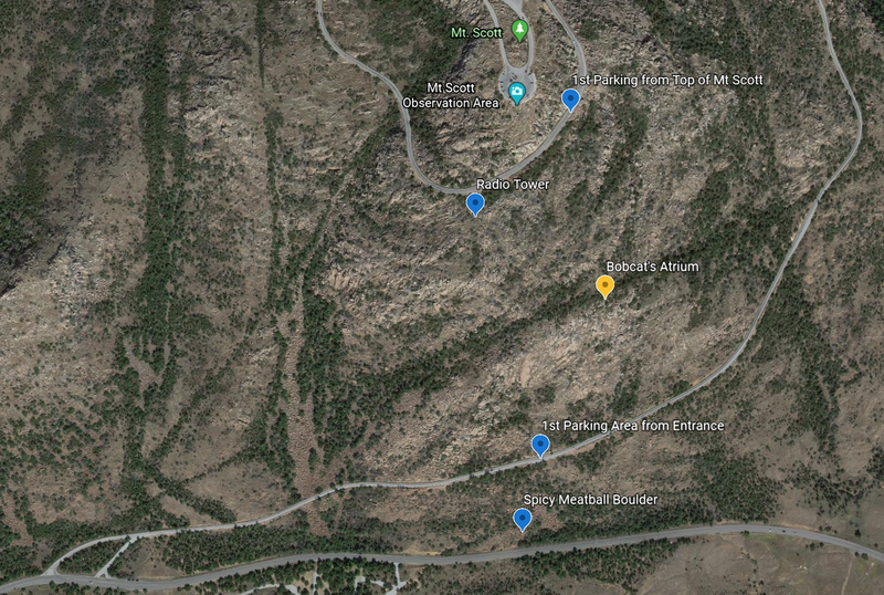 Overview of Bobcat's Atrium on the southern slope of Mt Scott, picnic area, Entrance, and parking areas visible.