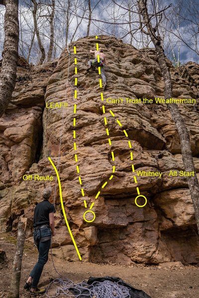 Brady Verbsky on top of "Can't Trust the Weatherman" (5.10b)