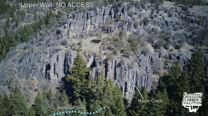 Greensprings Climbing area, with notable features highlighted. Please note that the entire crag is on private property, and while climbing is allowed at the area, visitors should limit their activity to the lower wall to give the land owners privacy