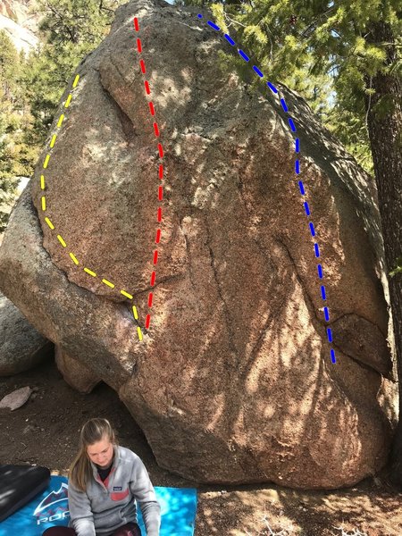 The lines on the boulder:
<br>
<br>
Blue (Unknown 1, V2), red (Unknown 3, V0), yellow (Unknown 2, V0).