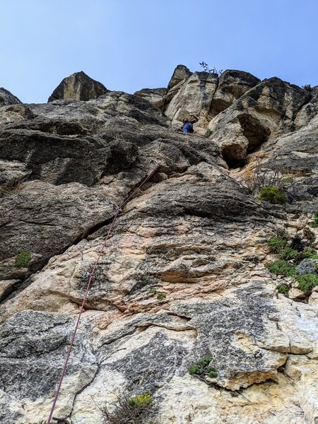 Joe is halfway up the route. Bring plenty of draws, I had to skip bolts and back clean to make it to the top.