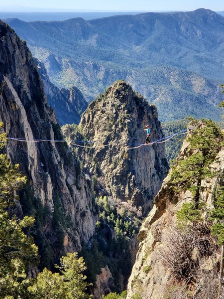 70 meter highline called 'Spicy Legato' stretching from the summit of Techweeny Buttress to the west side of the canyon (North of the exit gully for 'the Ramp'