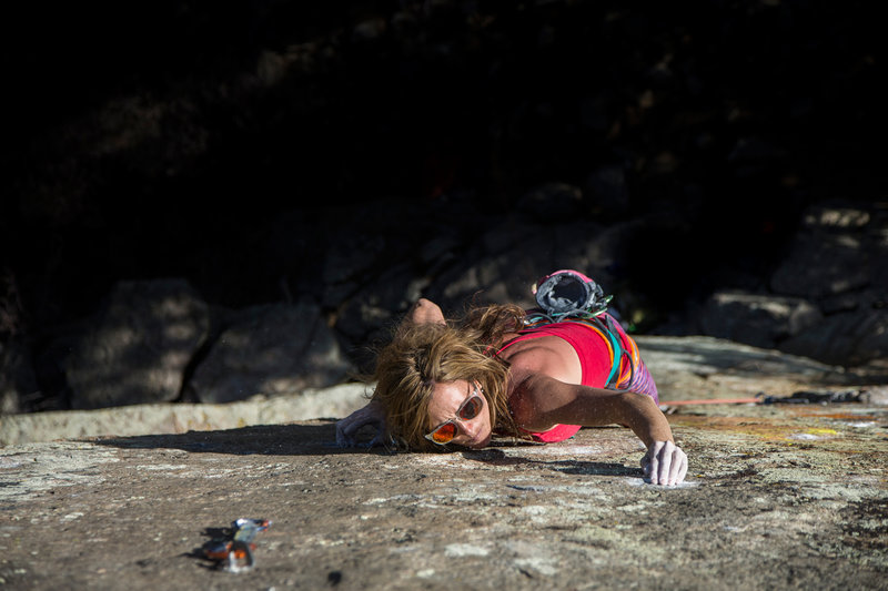 Heather Weidner entering the crux.
<br>
<br>
Jon Glassberg photo.