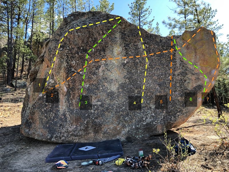 East side of Dark Star Boulder
<br>
1) Unnamed V3+
<br>
2) Hole in my Black Heart V2
<br>
3) Unnamed V2
<br>
4) Unnamed V1
<br>
5) Unnamed v0
<br>
6) Thin Green Line (Least Resistance) V4
<br>
7) Thin Green Line V6