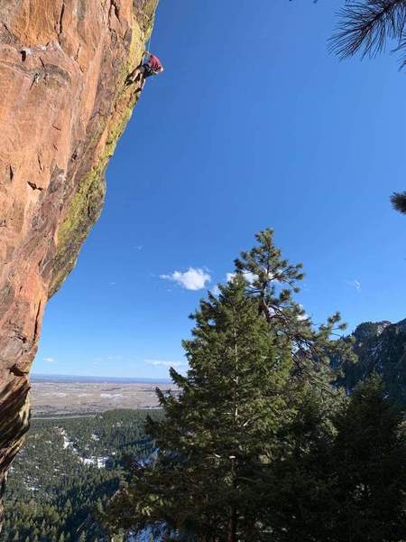 Near the top on the FA in late March 2020, literally on the very last day before Colorado's stay-at-home orders because of the coronavirus.
<br>
<br>
Photo by "Easter Brock".