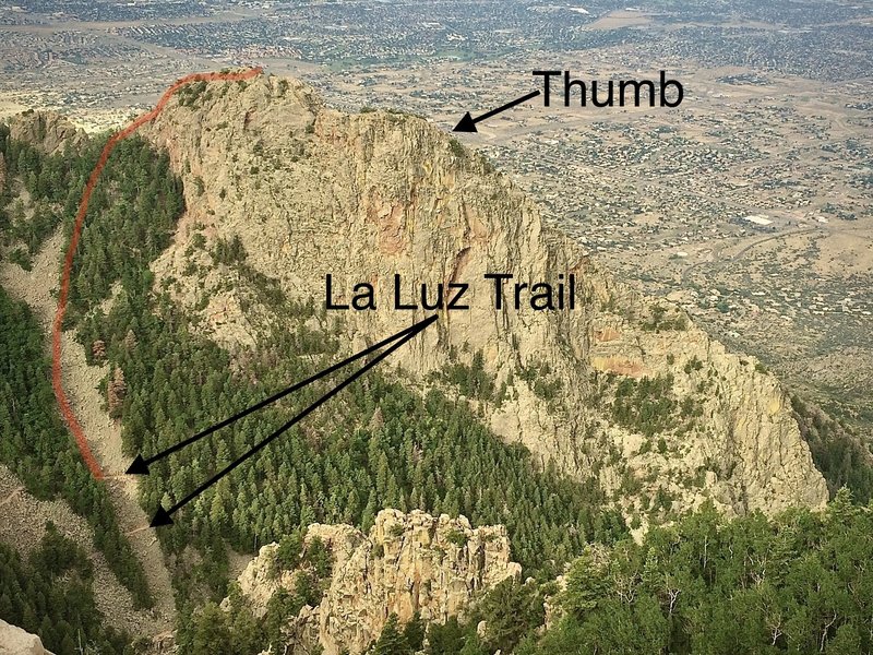 The red line indicates a fairly direct approach, showing where we headed up from the La Luz Trail. Options abound according to preference here as paths of ascent may tend to favor an approach through the trees or straight up the open boulder field.