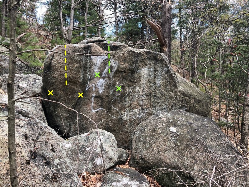 Big face of Meteorite Boulder. "Mythbuster," V3+, in yellow, "Skeleton Hunter," V4-, in green.